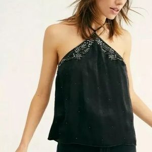 Free People Boho Beaded Black Backless Halter Top